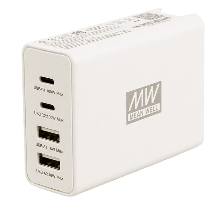 NGE100 og NGE100U adapter 100W 4-port USB GaN globalt certificeret adapter 2 C-porte og 2 A-porte fra MEAN WELL. Power Technic forhandler adapteren. Ring 70 208 210 for mere information.